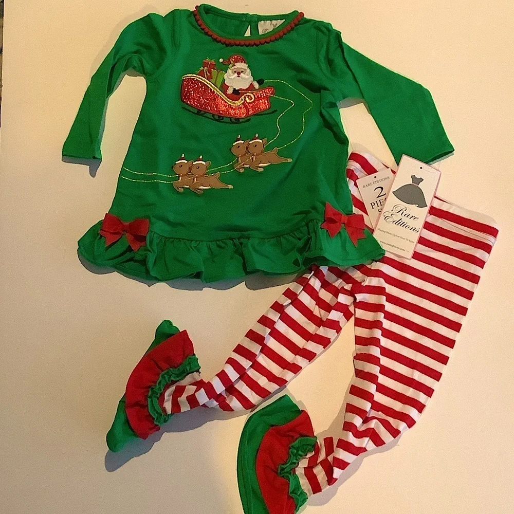 Rare Editions Christmas Outfit Santa Reindeer 2 pc 3T New